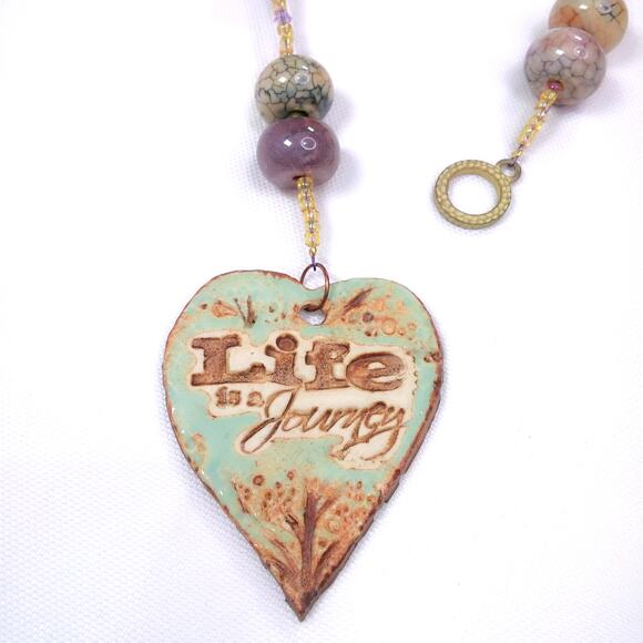 Artisan Ceramic Heart Beaded Suncatcher Life is a Journey Crackled Glass NEW - Picture 3 of 15